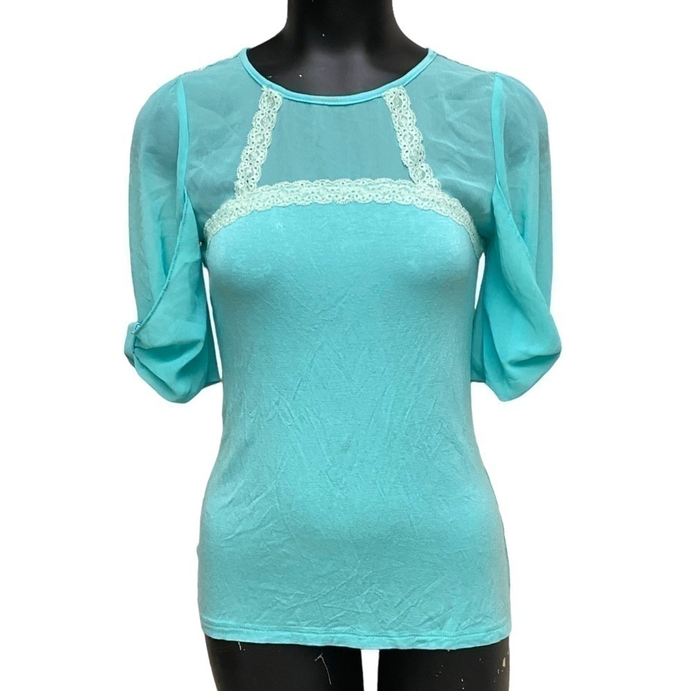 Society Girl Turquoise Chiffon Lace Top Size Medium